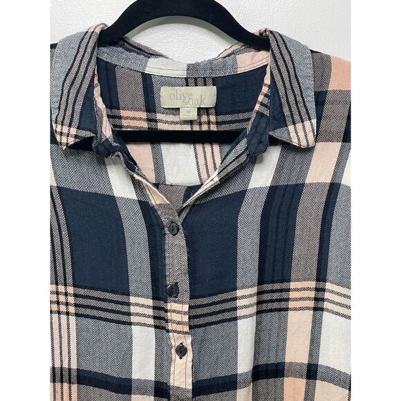 Olive‎ & Oak Plaid Long Sleeve Flannel Button Down Shirt Top Navy Pink Medium - Picture 3 of 8